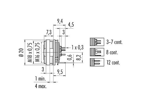 Scale drawing M16 Female panel mount connector, Contacts: 6 (06-a), shieldable, THT, IP40, M18x0,75, Rear mounting