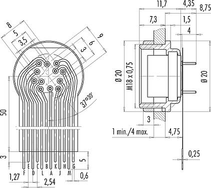 Connection & dimensions M16 Female panel mount connector, Contacts: 12 (12-a), unshielded, THT, IP40, M18x0,75, Rear mounting