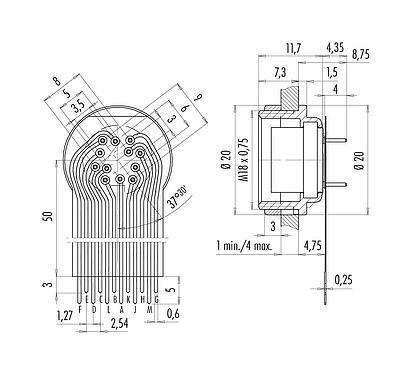 Connection & dimensions M16 Female panel mount connector, Contacts: 12 (12-a), unshielded, THT, IP40, M18x0,75, Rear mounting