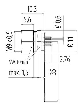 Scale drawing M9 Female panel mount connector, Contacts: 7, unshielded, THT, M9x0,5, Rear mounting