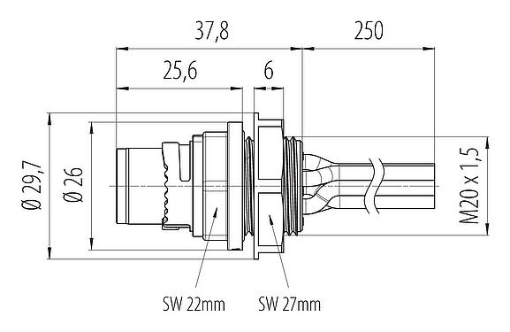Scale drawing 09 6111 150 06 - Bayonet Male panel mount connector, Contacts: 6, not shielded, single wires, IP66/IP67, UL, M20x1.5
