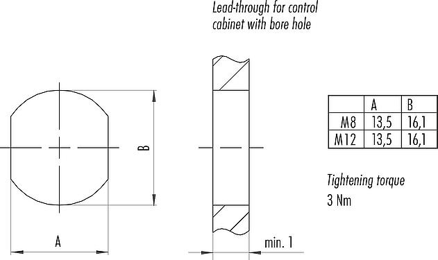 Assembly instructions / Panel cut-out M12 Lead-through for control cabinet, Contacts: 5, shielded, pluggable, IP67, UL 2238, M12x1.0, Rear mounting