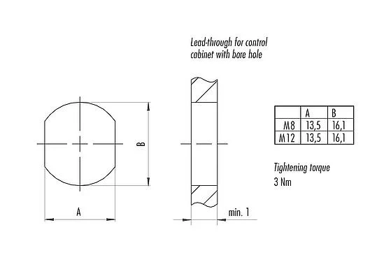 安装说明 M12 用于穿控制柜, 极数: 4, 屏蔽, 插拔式, IP67, UL 2238, M12x1.0, 後壁安裝