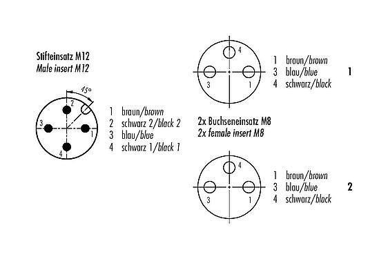Contact arrangement (Plug-in side) 77 9829 3408 50003-0200 - M12/M8,M8 Male duo connector - 2 female angled connector, Contacts: 4/3, unshielded, moulded on the cable, IP67, PUR, black, 3 x 0.34 mm², 2 m