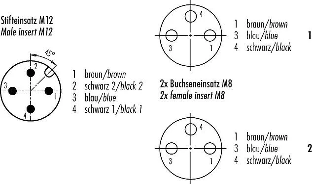 联系安排 (外掛程式側) M12/M8 公头电缆分线器 - 2 个母头弯角连接器, 极数: 4/3, 非屏蔽, 预铸电缆, IP67, UL 2238, PUR, 黑色, 3x0.34mm², 2m
