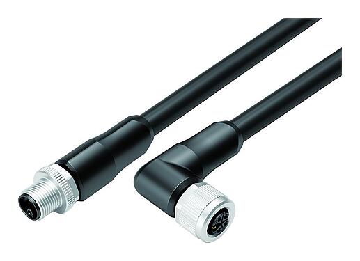 Illustration 77 0679 0674 70505-0200 - M12/M12 Male cable connector - female angled connector, Contacts: 4+PE, unshielded, moulded on the cable, IP68, PUR, black, 5 x 1.50 mm², UL in preparation, 2 m
