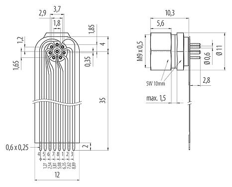 Connection & dimensions M9 Female panel mount connector, Contacts: 8, unshielded, THT, IP40, M9x0,5, Front mounting