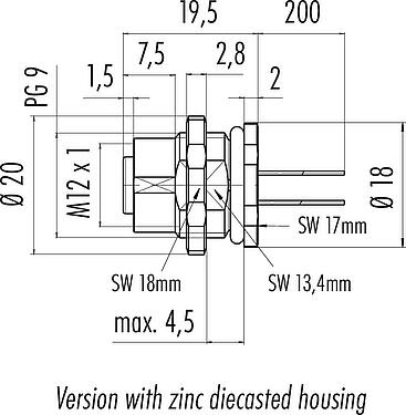 Scale drawing M12 Female panel mount connector, Contacts: 8, unshielded, single wires, IP68/IP69K, UL 2238, PG 9, Rear mounting