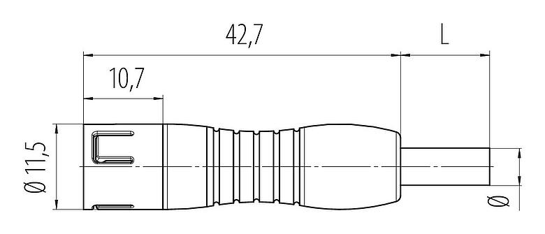 Scale drawing Snap-In Male cable connector, Contacts: 4, unshielded, moulded on the cable, IP67, UL 2238, PUR, black, 4 x 0.25 mm², 2 m