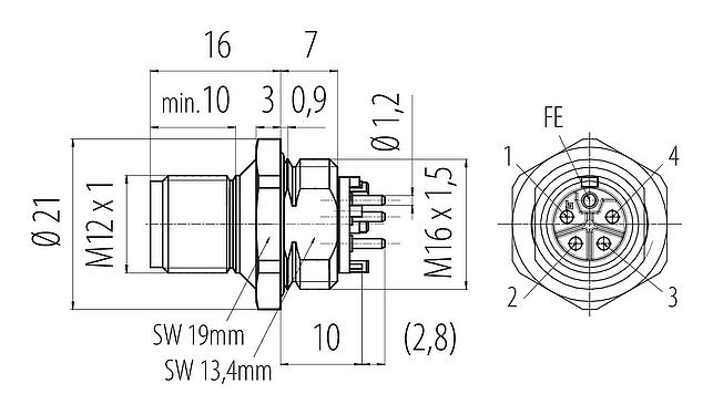 比例图 M12 针头法兰座, 极数: 4+FE, 非屏蔽, THR, IP67, UL 2238, M16x1.5, 板前安装