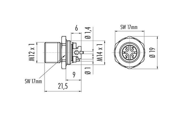 Scale drawing 99 3431 351 04 - M12 Male panel mount connector, Contacts: 4, unshielded, SMT, IP67