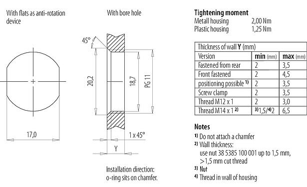 Assembly instructions / Panel cut-out M12 Male panel mount connector, Contacts: 4, unshielded, solder, IP67, PG 11, Front mounting