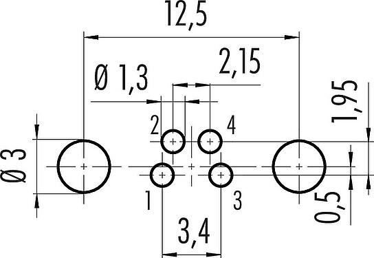 导体结构 M8 针头法兰座, 极数: 4, 可接屏蔽, THT, IP67, UL 2238, M8x1.0, 後壁安裝, 模压成型