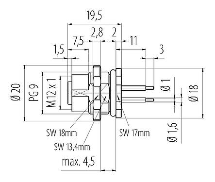 Scale drawing 09 3432 92 04 - M12 Female panel mount connector, Contacts: 4, unshielded, THT, IP68, PG 9, Front mounting