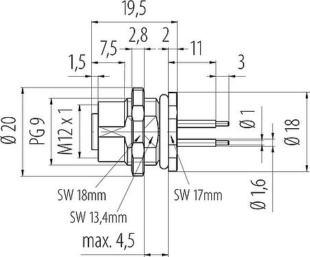 Scale drawing M12 Female panel mount connector, Contacts: 4, unshielded, THT, IP68, PG 9, Rear mounting