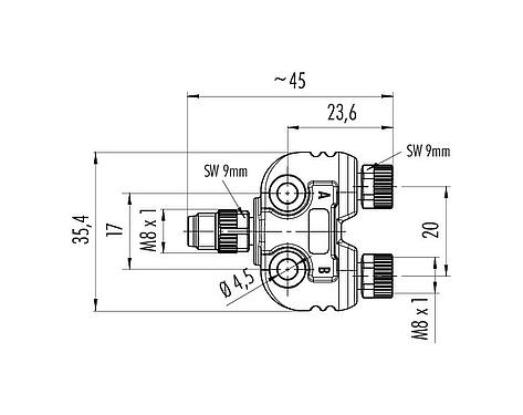 Scale drawing M8 Twin distributors Y-distributor, male connector - 2 female connector, Contacts: 4/3, unshielded, pluggable, IP67, UL 2238