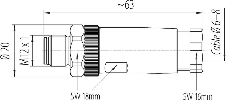 比例图 M12 直头针头电缆连接器, 极数: 4, 6.0-8.0mm, 非屏蔽, 螺钉接线, IP67, 不锈钢
