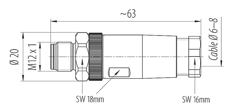 比例图 M12 直头针头电缆连接器, 极数: 4, 6.0-8.0mm, 非屏蔽, 螺钉接线, IP67, 不锈钢