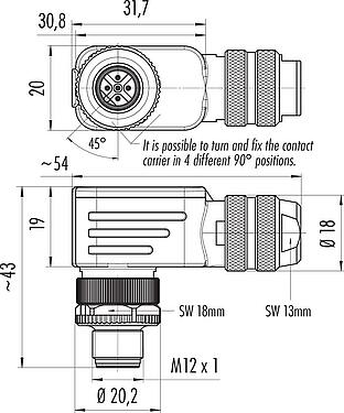 Scale drawing M12 Male angled connector, Contacts: 5, 6.5-8.5 mm, shieldable, wire clamp, IP67, with shielding ring