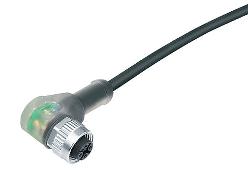 Illustration 77 3634 0000 50004-0200 - M12 Female angled connector, Contacts: 4, unshielded, moulded on the cable, IP69K, UL, PUR, black, 4 x 0.34 mm², with LED PNP, 2 m