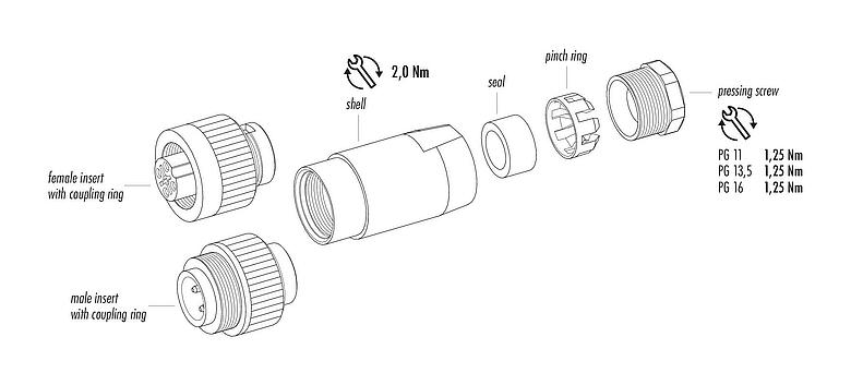 Component part drawing RD24 Male cable connector, Contacts: 3+PE, 8.0-10.0 mm, unshielded, screw clamp, IP67, UL, ESTI+, VDE, PG 11