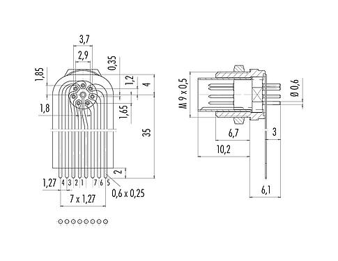 Connection & dimensions 09 0477 65 07 - M9 Male panel mount connector, Contacts: 7, unshielded, THT, IP40