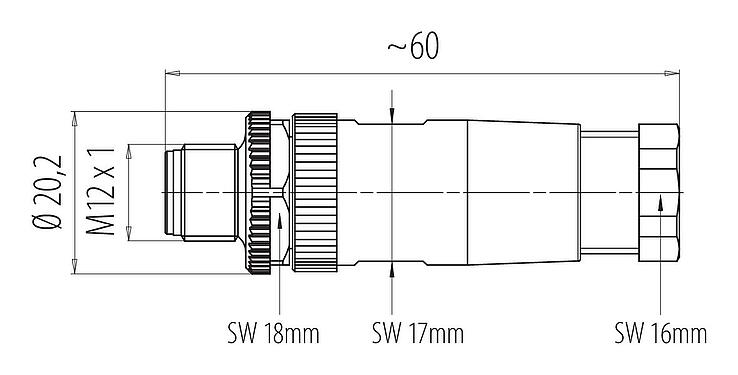 比例图 M12 直头针头电缆连接器, 极数: 3, 6.0-8.0mm, 非屏蔽, 螺钉接线, IP67, UL 2238