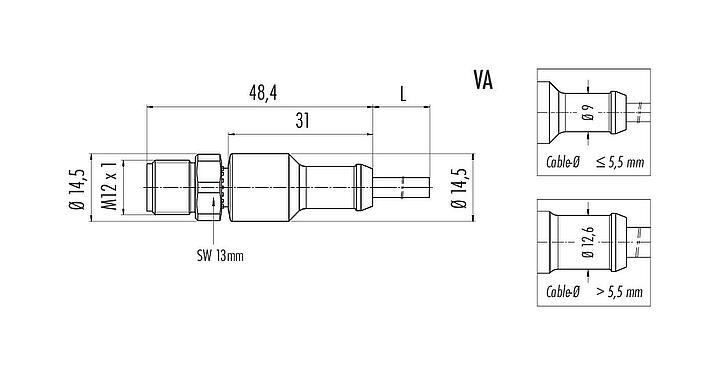Scale drawing 77 3729 0000 50005-0200 - M12 Male cable connector, Contacts: 5, unshielded, moulded on the cable, IP69K, UL, PUR, black, 5 x 0.34 mm², stainless steel, 2 m