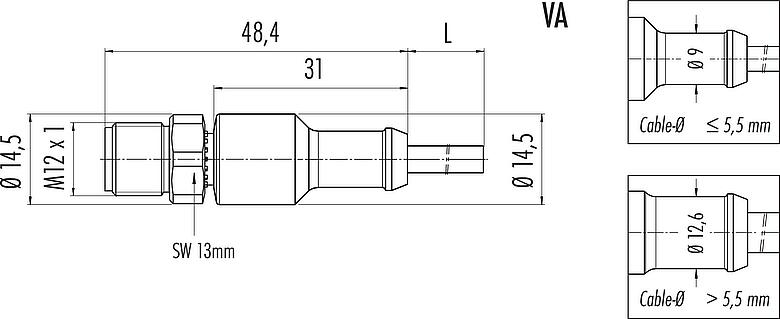 比例图 M12 直头针头电缆连接器, 极数: 3, 非屏蔽, 预铸电缆, IP67/IP69K, UL 2238, PUR, 黑色, 3x0.34mm², 不锈钢, 2m