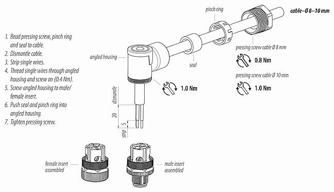 装配说明 M12 弯角孔头电缆连接器, 极数: 4, 8.0-10.0mm, 非屏蔽, 螺钉接线, IP67, UL 2238, VDE
