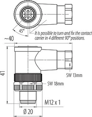 Scale drawing M12 Male angled connector, Contacts: 5, 4.0-6.0 mm, unshielded, screw clamp, IP67, UL 2238