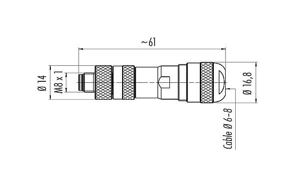 比例图 M8 直头针头电缆连接器, 极数: 3, 6.0-8.0mm, 可接屏蔽, 螺钉接线, IP67, UL 2238, 带防护环