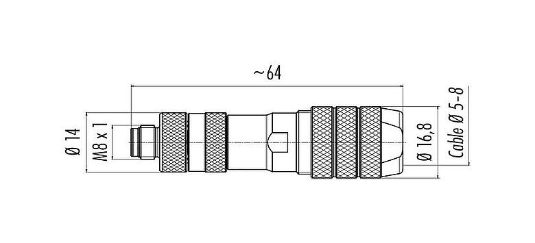 比例图 99 3369 600 04 - M8 直头针头电缆连接器, 极数: 4, 5.0-8.0mm, 可接屏蔽, 螺钉接线, IP67