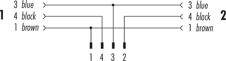 Pin assignment plans M12 Male angled cable splitter - 2 female cable connectors, Contacts: 4/3, unshielded, moulded on the cable, IP67, UL 2238, PUR, black, 3 x 0.34 mm², 1 m