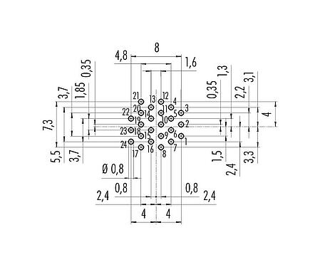 Conductor layout M16 Male panel mount connector, Contacts: 24, unshielded, THT, IP67, UL 2238, M18x0,75, Rear mounting