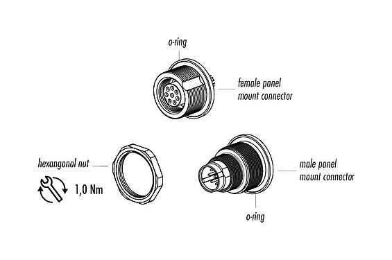 Component part drawing M9 Female panel mount connector, Contacts: 3, unshielded, solder, IP67, M12x0.5, Rear mounting