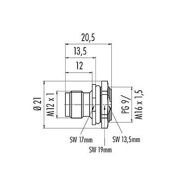 比例图 M12 针头法兰座, 极数: 8, 非屏蔽, 焊接, IP67, UL 2238, M16x1.5, 板前安装
