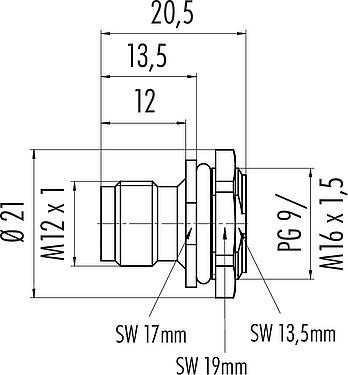 比例图 M12 针头法兰座, 极数: 4, 非屏蔽, 焊接, IP67, UL 2238, PG 9, 板前安装