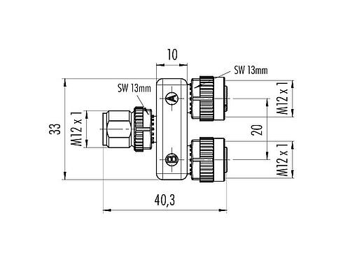 Scale drawing M12 Twin distributors, Y-distributor, male connector - 2 female connector, Contacts: 5, unshielded, pluggable, IP68, UL 2238