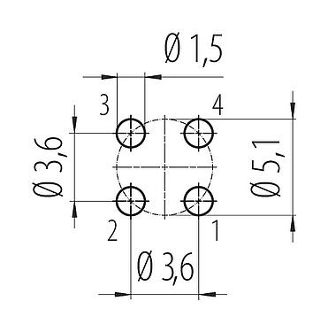 Conductor layout 86 0640 1000 00044 - M12 Female panel mount connector, Contacts: 4, unshielded, THT, IP68, UL 2238, M16x1.5, rear mounting