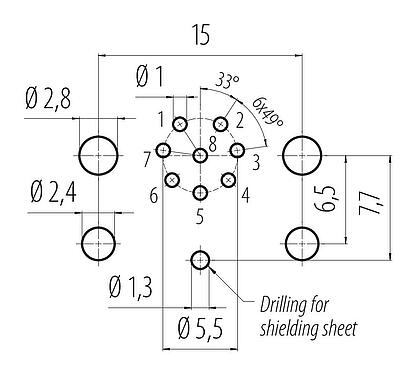 Conductor layout 99 3482 458 08 - M12 Female panel mount connector, Contacts: 8, shieldable, THR, IP68, UL, for PCB assembly