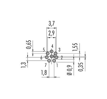 Conductor layout M9 Male panel mount connector, Contacts: 8, unshielded, THT, IP40, M9x0,5, Rear mounting