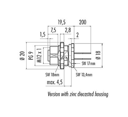 Scale drawing 76 0536 1011 00404-0200 - M12 Female panel mount connector, Contacts: 4, unshielded, single wires, IP67, UL, PG 9, Rear Mounting