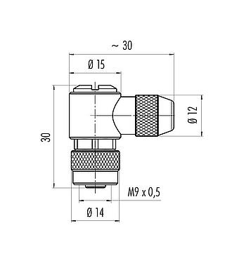 Scale drawing M9 Female angled connector, Contacts: 3, 3.5-5.0 mm, shieldable, solder, IP67