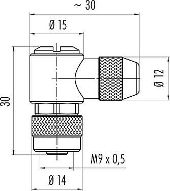 Scale drawing M9 Female angled connector, Contacts: 8, 3.5-5.0 mm, shieldable, solder, IP67