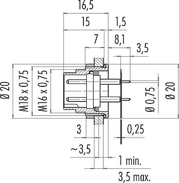 比例图 M16 针头法兰座, 极数: 8 (08-a), 非屏蔽, THT, IP68, M18x0,75, 後壁安裝, 模压成型