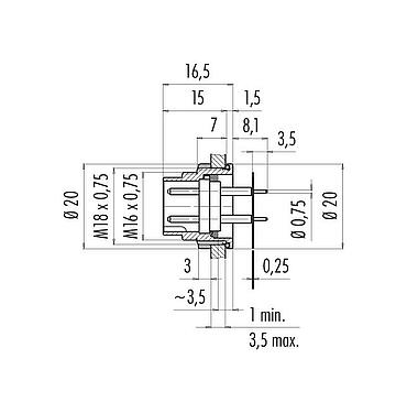Scale drawing M16 Male panel mount connector, Contacts: 7 (07-a), unshielded, THT, IP67, M18x0,75, Rear mounting, potted