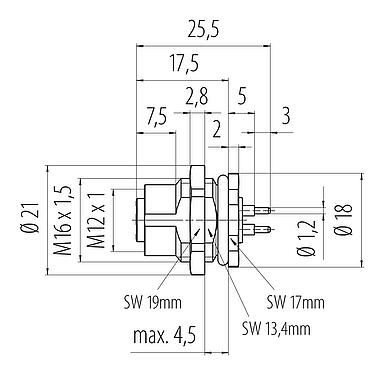 比例图 M12 孔头法兰座, 极数: 4, 非屏蔽, THT, IP68, UL 2238, M16x1.5, 後壁安裝