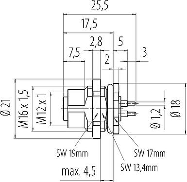比例图 M12 孔头法兰座, 极数: 4, 非屏蔽, THT, IP68, UL 2238, M16x1.5, 後壁安裝, 模压成型