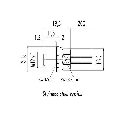 比例图 M12 孔头法兰座, 极数: 12, 非屏蔽, 带导线, IP68, UL 2238, PG 9, 板前安装, 不锈钢, 模压成型